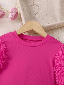 SHEIN 女小童素色毛茸茸燈籠袖洋裝 - 玫紅色 - 查看 3