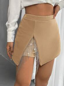 SHEIN Privé Tách Viền rìa Váy quần - Màu Khaki - Xem 6