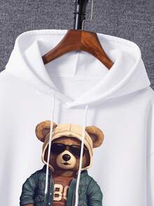 Nam Kích thước lớn Gấu Hoạt hình In Áo nỉ có mũ Với dây rút - trắng - Xem 5