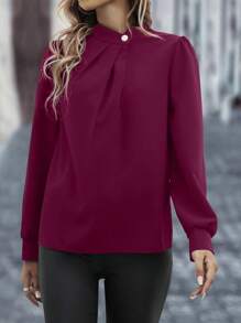 SHEIN Clasi 素色小高領拼接細節泡泡袖襯衫 - 酒紅色 - 查看 4