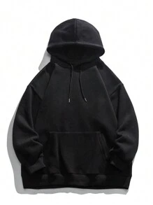 男士汽车印花袋鼠口袋抽绳连帽衫，秋季款，长袖上衣 - 黑色 - 查看 2