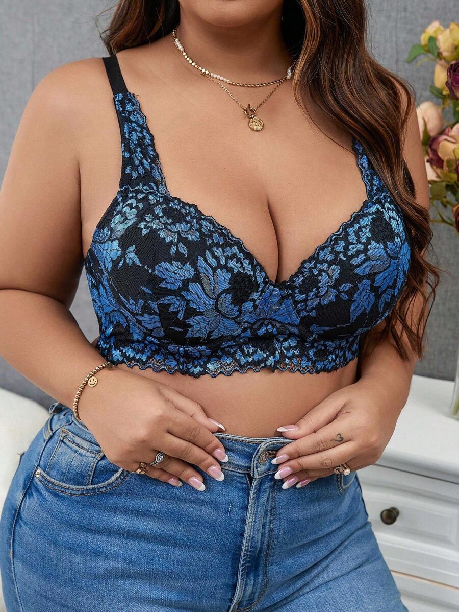 Plus Size Bras & Bralettes Kontras Lace Mencetak - MultiWarna - View 1