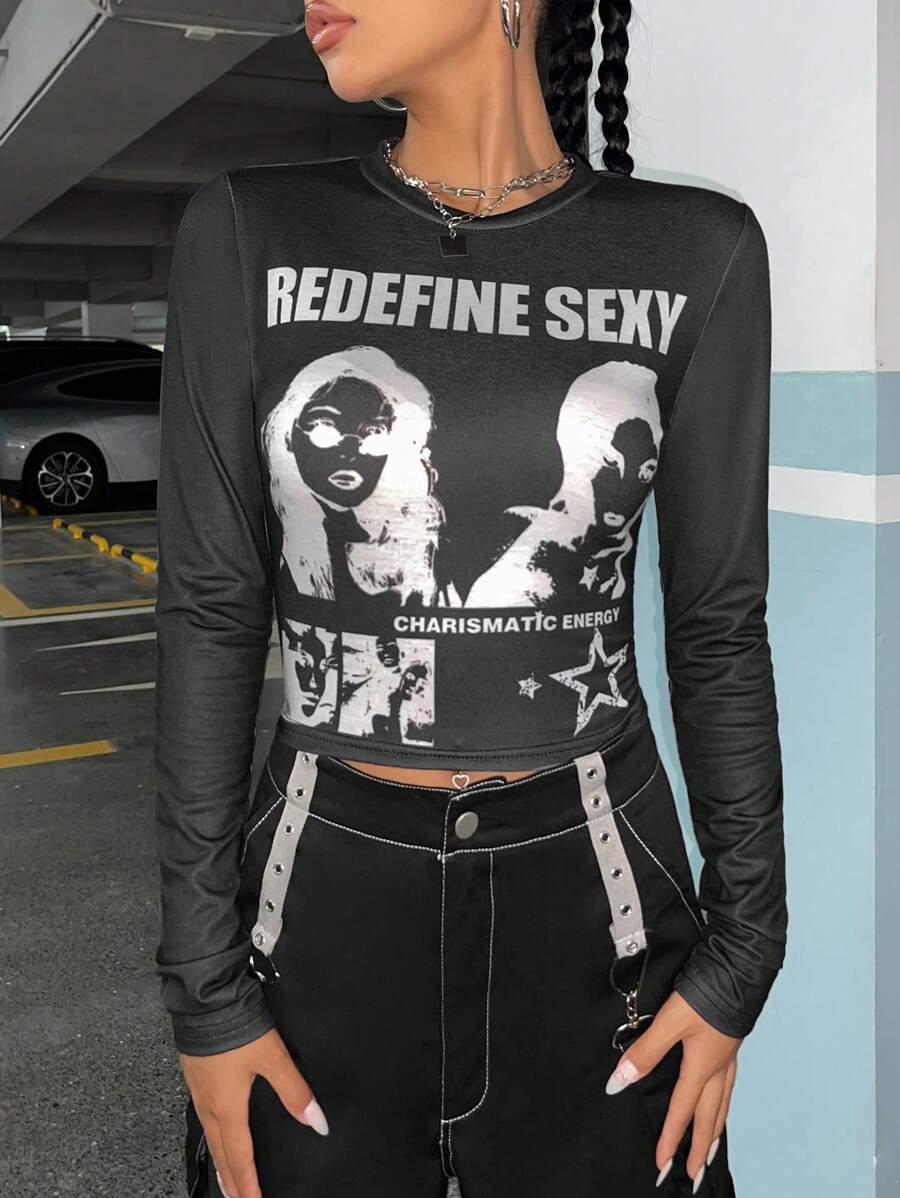 SHEIN ICON 人物和字母圖案短款T恤