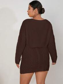 Calvaya Plus Cable Knit Drop Shoulder Sweater & Knit Skirt - Coffee Brown - View 1