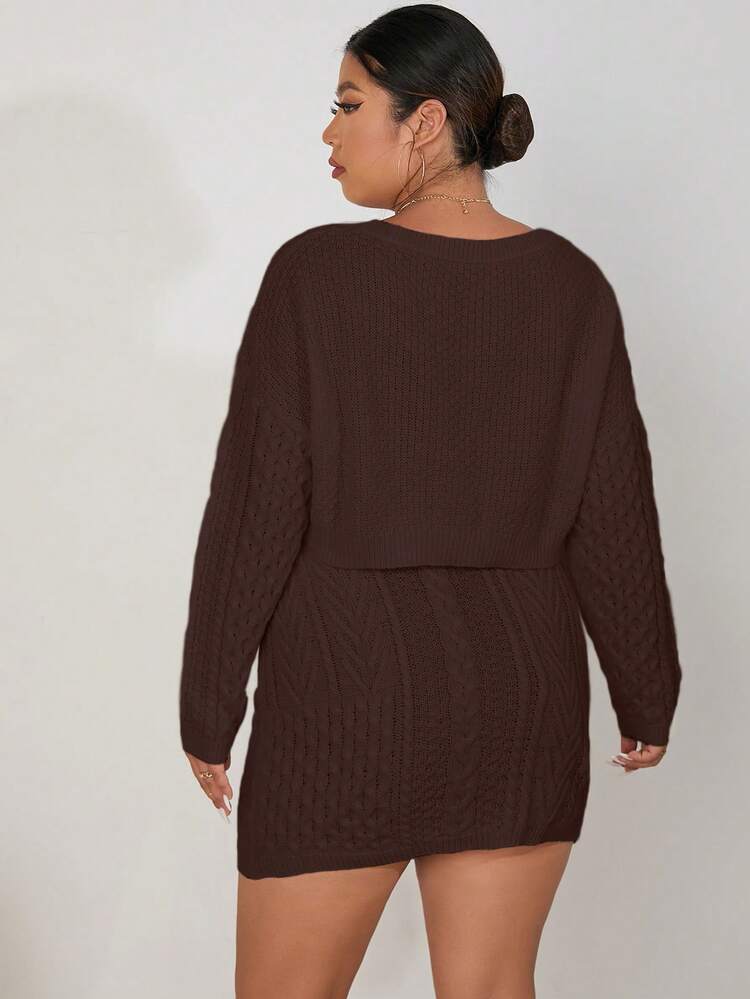 Plus Cable Knit Drop Shoulder Sweater & Knit Skirt