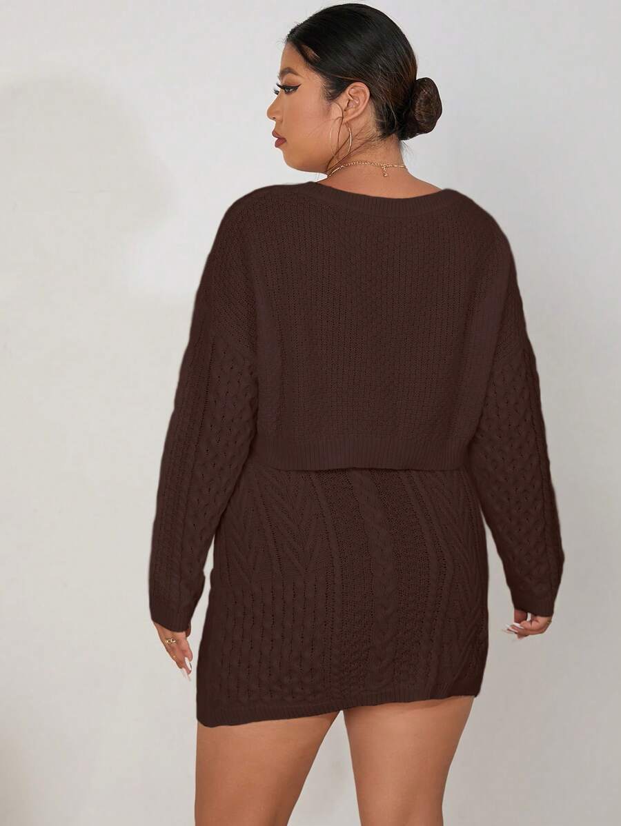 Calvaya Plus Cable Knit Drop Shoulder Sweater & Knit Skirt - Coffee Brown - View 1