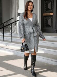 Celure Áo khoác cardigan dáng rộng có túi đôi thả vai - Màu Khaki - Xem 8