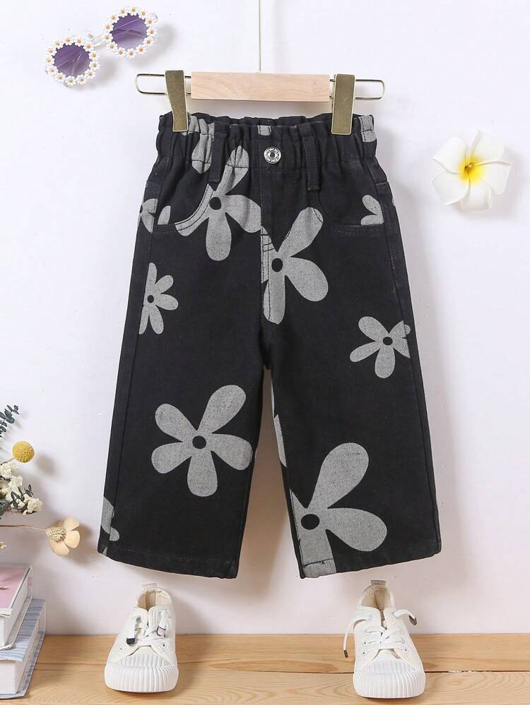 Baby Girls Cute Summer Holiday Floral Prints Paperback Waist Relax Wide Leg Jeans, Daily Fashion
