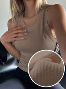 DAZY Solid Rib Knit Thermal Underwear Vest - Brown - View 1