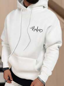 Manfinity Homme 男士大码愛心圖案袋鼠口袋抽繩連帽衫 - 白色 - 查看 5