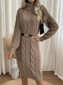 SHEIN Frenchy Turtleneck Cable Knit Drop Shoulder Sweater Dress Without Belt - Khaki - View 1