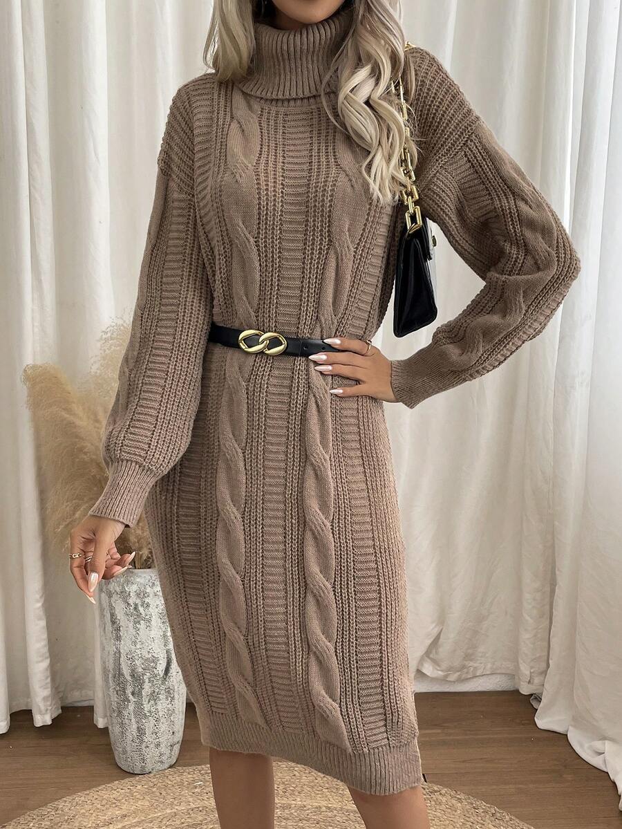 SHEIN Frenchy Turtleneck Cable Knit Drop Shoulder Sweater Dress Without Belt - Khaki - View 1