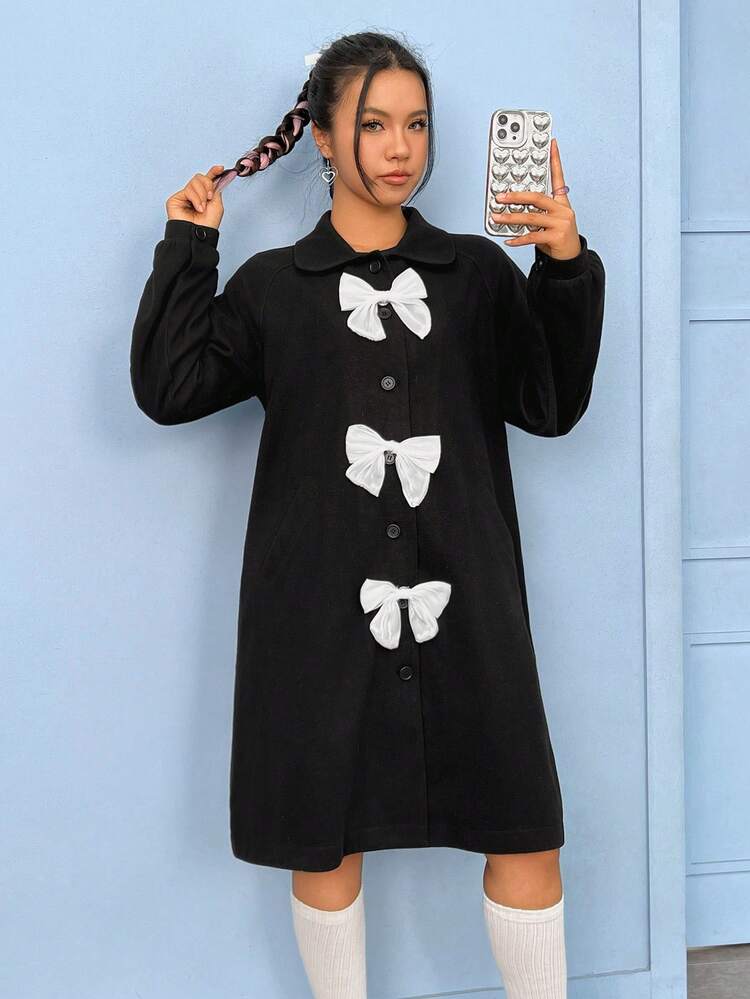 Bow Front Button Through Raglan Sleeve Overcoat