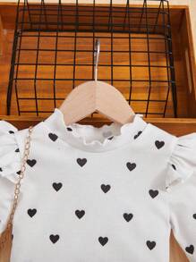 SHEIN Young Girl Heart Print Ruffle Trim Tee & Bow Front Mesh Skirt - Black and White - View 5