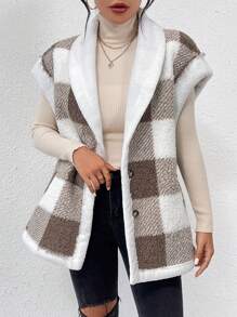 SHEIN Frenchy Plaid Teddy Fleece Vest Jacket With Turn-Down Collar Winter Casual Check - Multicolor - View 4