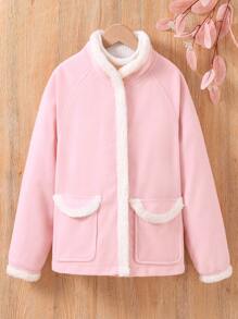 SHEIN Tween Girl Dual Pocket Raglan Sleeve Contrast Binding Fleece Overcoat - Pink - View 1