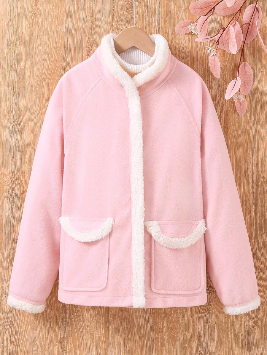 SHEIN Tween Girl Dual Pocket Raglan Sleeve Contrast Binding Fleece Overcoat - Pink - View 1