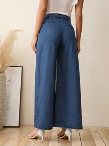 SHEIN LUNE High Waist Wide Leg Jeans Without Belt - Blue - View 2