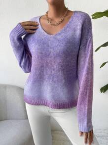 SHEIN Essnce 段染落肩袖套頭毛衣 - 紫色 - 查看 6