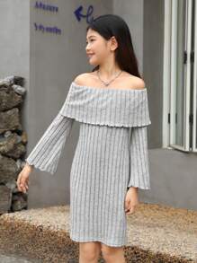 SHEIN Tween Girls' Off Shoulder Flared Sleeve Ribbed Knit Dress - Grey - View 2