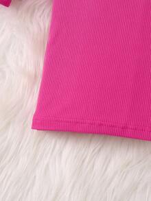 SHEIN 女小童素色毛茸茸燈籠袖洋裝 - 玫紅色 - 查看 5