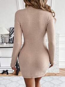 Chiquease Cổ giả Fringe Hem Thả vai Đầm Áo len Không có thắt lưng - Màu be - Xem 3