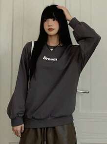 DAZY 字母图案落肩超大套头衫，秋装运动衫 - 深灰色 - 查看 3
