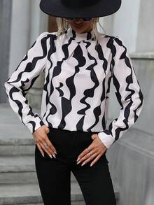 SHEIN Clasi Blusa con estampado de cuello alto - Albaricoque - Ver 4