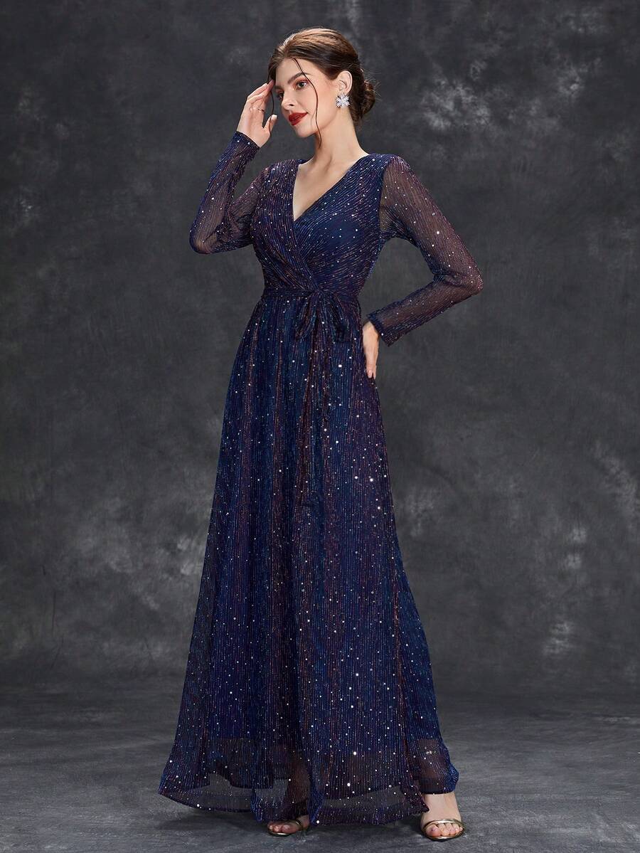 优雅长袖亮片和网眼装饰连衣裙 - 紫羅蘭色 - 查看 1