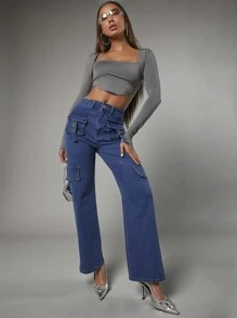 SHEIN BAE Women's Loose-fit Straight Leg Jeans With Multiple Pockets - Blue - View 5