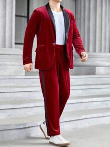 SHEIN 男士拼接面青果領絲絨西裝外套和褲子 - 酒紅色 - 查看 3