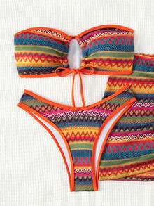 SHEIN Swim 幾何鏤空前結抹胸比基尼套裝搭配沙灘裙 - 彩色 - 查看 8