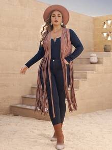 SHEIN VCAY Plus Fringe Hem Open Front Vest Jacket - Brown - View 6