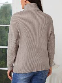 SHEIN Frenchy Hơn Áo cao cổ Thả vai Áo len - Màu Khaki - Xem 2