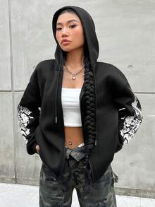 SHEIN EZwear 女士字母印花拉鍊前開帽衫 - 黑色 - 查看 5