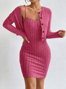 SHEIN Essnce Chất rắn Nút phía trước Áo khoác & Váy liền áo - Màu Hồng Tươi - Xem 6