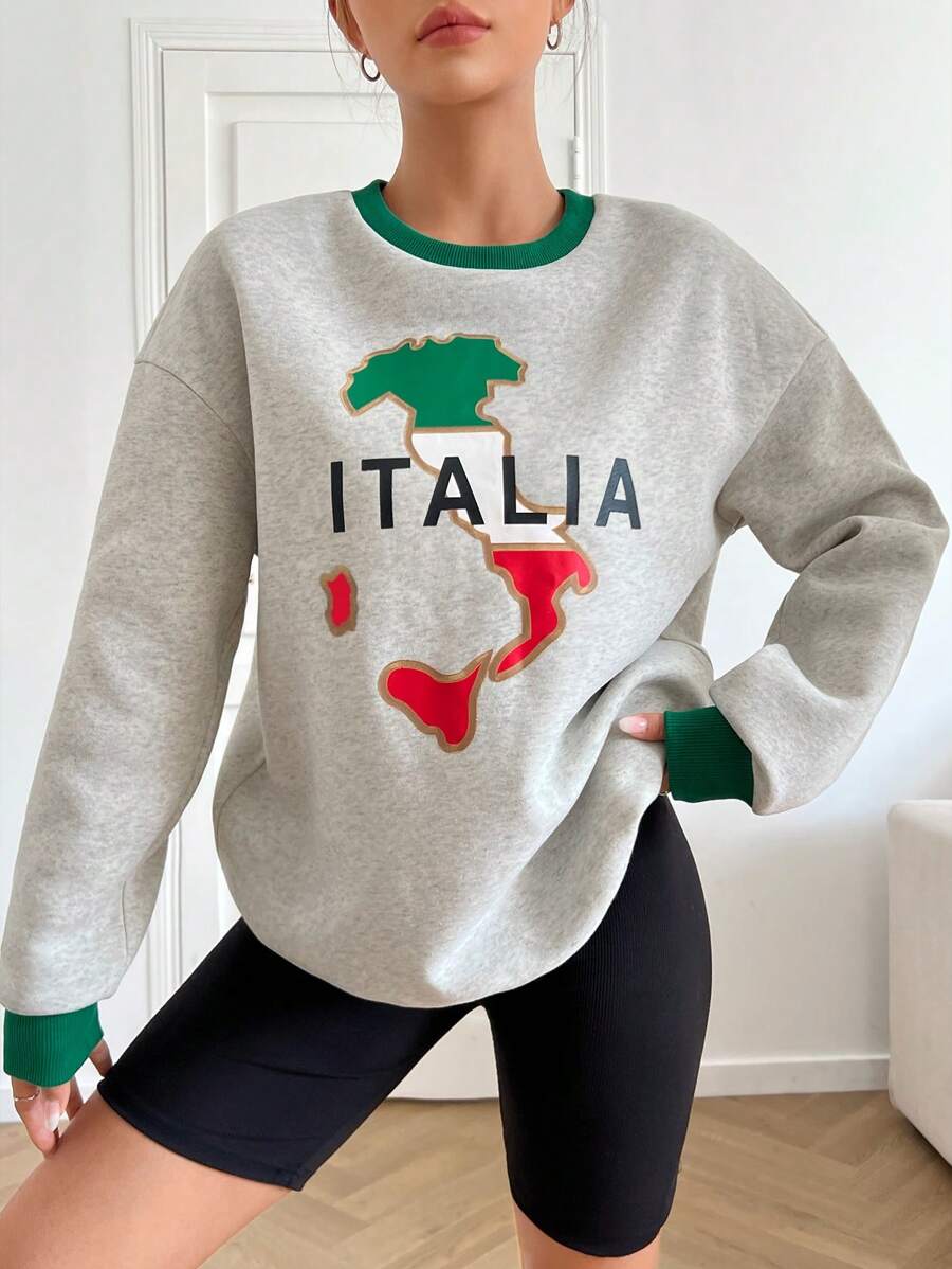 SHEIN EZwear Letter & Map Graphic Contrast Trim Drop Shoulder Sweatshirt - Light Grey - View 1