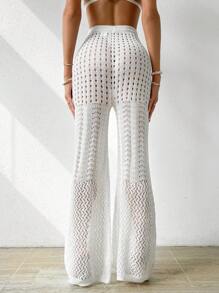 SHEIN Swim Ladies' Drawstring Waist Cover Up Flare Leg Pants - White - View 2