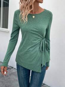SHEIN LUNE Solides T-shirt Zum Binden An Der Seite - Grün - Übersicht 3