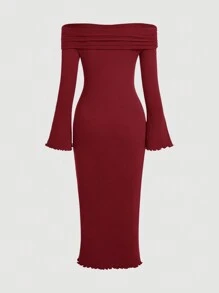 SHEIN MOD 一字肩喇叭袖木耳邊高衩洋裝 - 紅色 - 查看 2