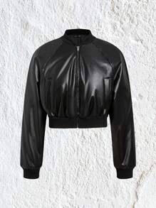SHEIN EZwear Raglan Sleeve Zip Up Crop PU Bomber Padded Coat - Black - View 1