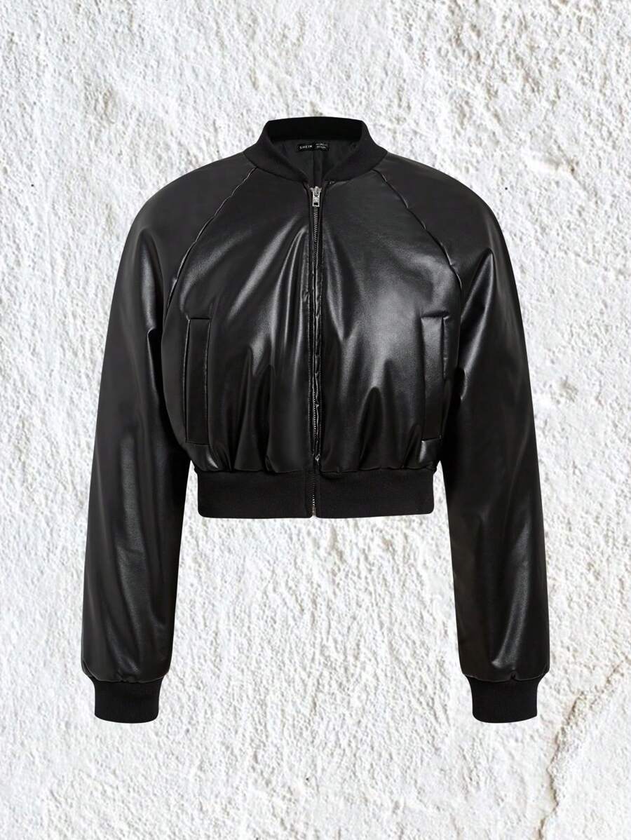 SHEIN EZwear Raglan Sleeve Zip Up Crop PU Bomber Padded Coat - Black - View 1