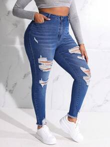 SHEIN EZwear Talla grande Jeans ajustados desgarro ribete sin dobladillo - Azul lavado medio - Ver 6