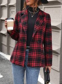 SHEIN Clasi Plaid Print Double Button Blazer - Red - View 5