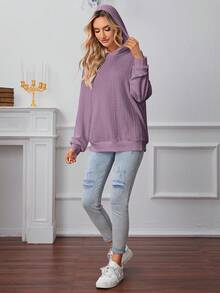 SHEIN LUNE 素色落肩袖連帽衛衣 - 紫色 - 查看 3