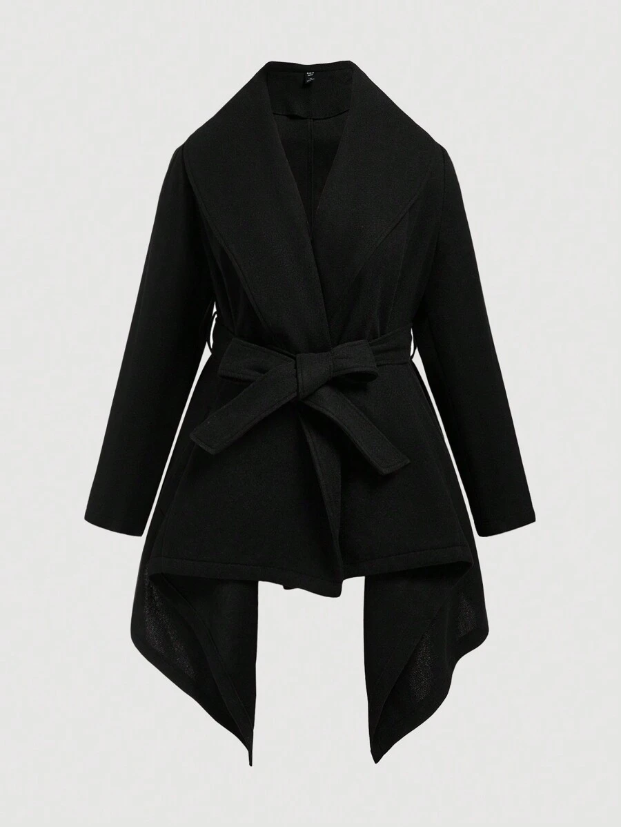 SHEIN Essnce 大碼大翻領不對稱下擺腰帶花呢外套 - 黑色 - 查看 1