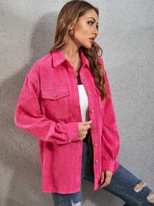 SHEIN LUNE Flap Pocket Corduroy Blouse Women Shirt - Hot Pink - View 5