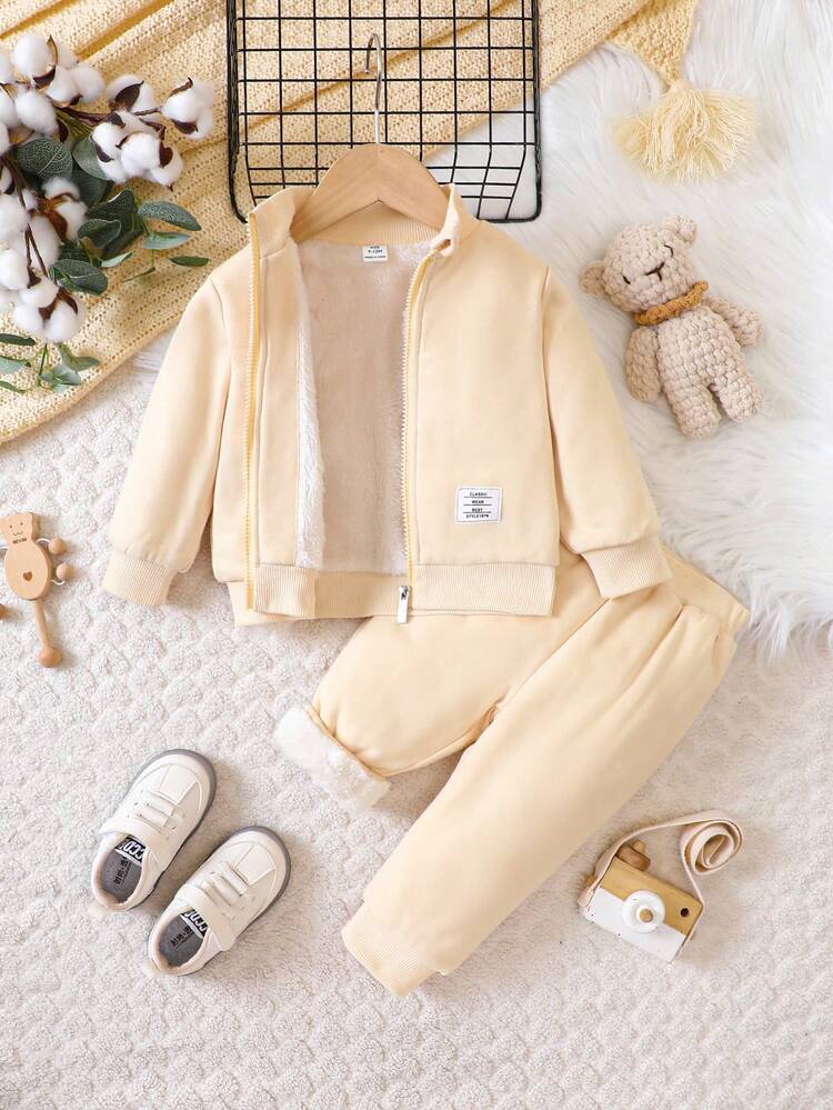 Baby Boys' Letter Patch Zipper Front Fleece Jacket And Pants Set