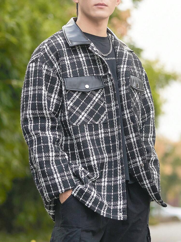 Loose Fit Men's Plaid Tweed Jacket With Flap Pockets, Drop Shoulders