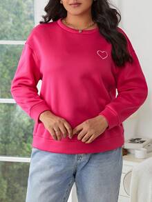 SHEIN Frenchy Hơn Thêu trái tim Thả vai Áo nỉ - Màu Hồng Tươi - Xem 3